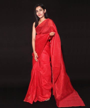 Red Colour Lehariya Print Kota Doria Saree